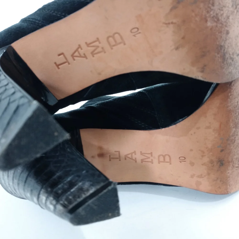 L.A.M.B. Gwen Stefani Black Suede Snake‎ Heel Ankle Boots